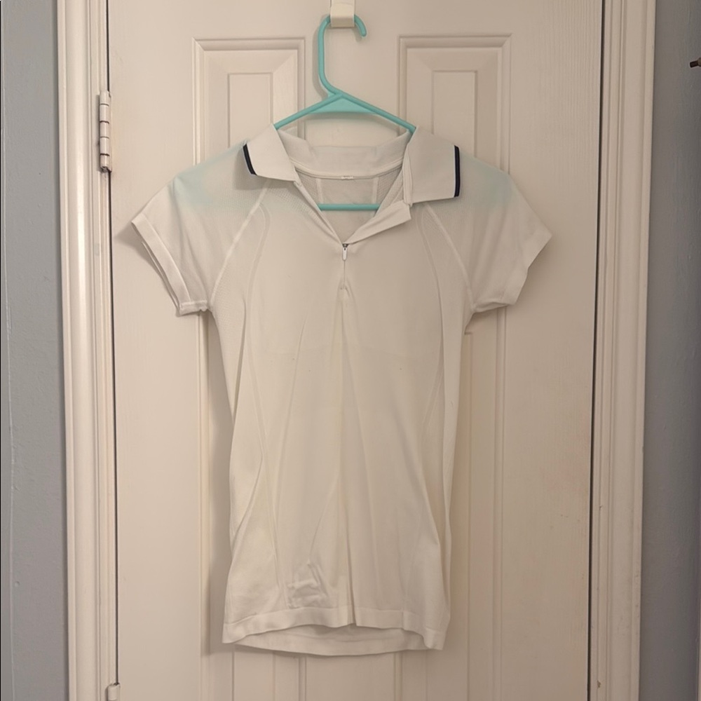 White Short-Sleeve Athletic Polo with Black Collar Trim